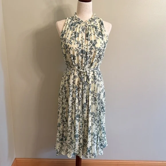 LOFT Light Yellow and Blue Floral Pleated Dress in XS/S - Picture 6 of 11